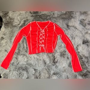 Hot Miami Styles Red Crop Top with white seams and cutout with lace up; size S